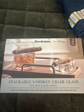 Brookstone Clear Stackable Whiskey Glass & Cigar Holder Set New